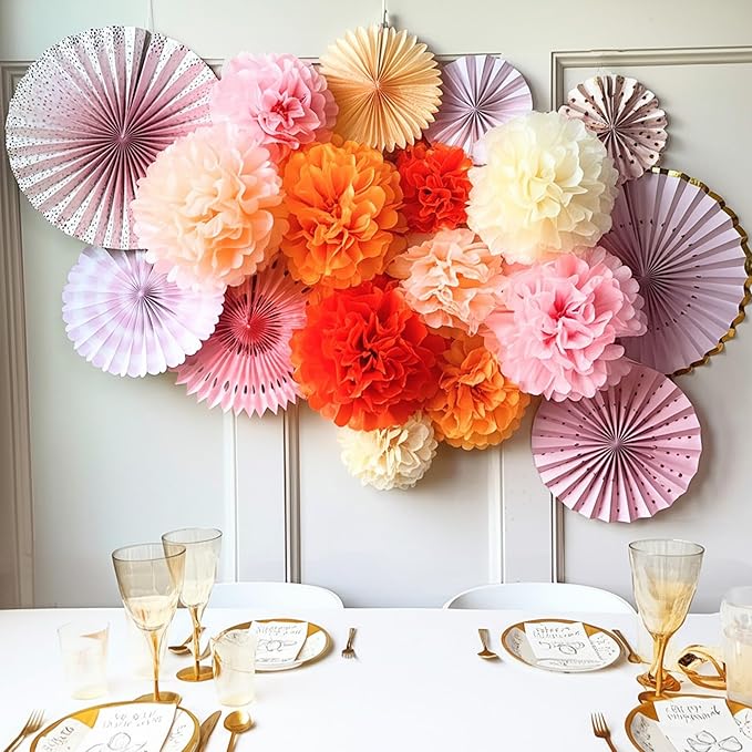 PapaKit 8-Piece Origami Paper Fan Set – Sparkling Pink Rose Blush & Gold Metallic Accents – Reusable Hanging Pinwheel Wall Backdrop for Girls Birthday, Baby Shower, Wedding, Bridal Shower & Boho Party Decorations