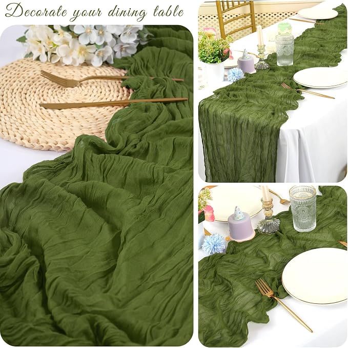 10 Pack Cheesecloth Table Runner 17 x 108 inch Long Boho Gauze Table Runners Semi Sheer Table Runner for Wedding Decor, Baby Shower, Birthday Party, Banquet (Olive Green)