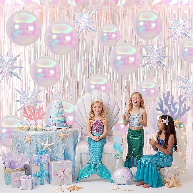 Seenelling 24 Pcs Iridescent Party Decoration Set 22'' 4D Star Ball Balloons White Shiny Metallic Tinsel Foil Fringe Curtain Backdrop for Mermaid Wedding Engagement Princess Bachelorette Unicorn Party