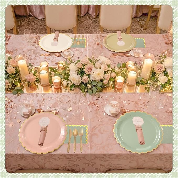Mimorou 338 Pcs Sage Green and Pink Plates and Napkins Party Supplies Green and Rose Gold Tableware Include Scalloped Plates Paper Napkin Cup Spoon Fork Knife for Baby Shower, Wedding, Birthday