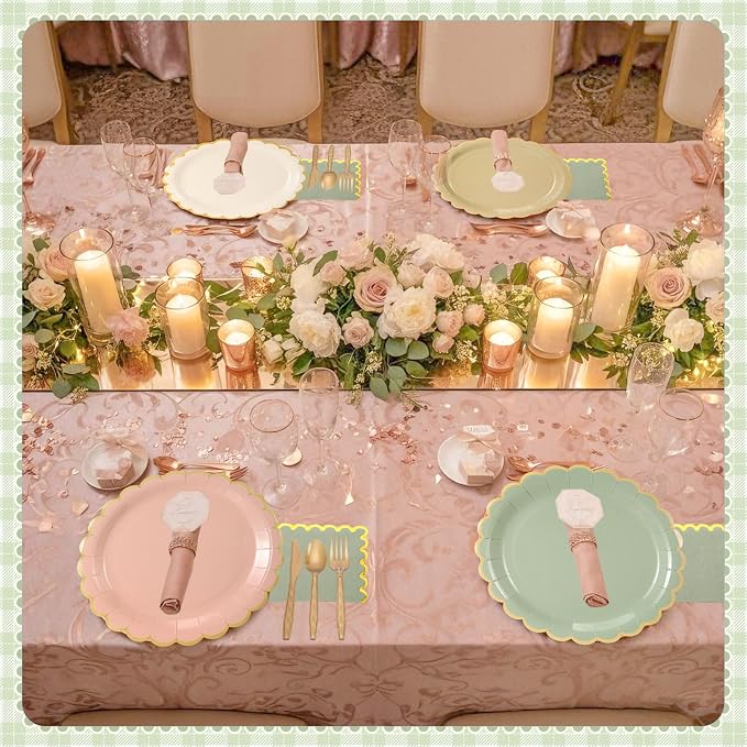 Mimorou 338 Pcs Sage Green and Pink Plates and Napkins Party Supplies Green and Rose Gold Tableware Include Scalloped Plates Paper Napkin Cup Spoon Fork Knife for Baby Shower, Wedding, Birthday