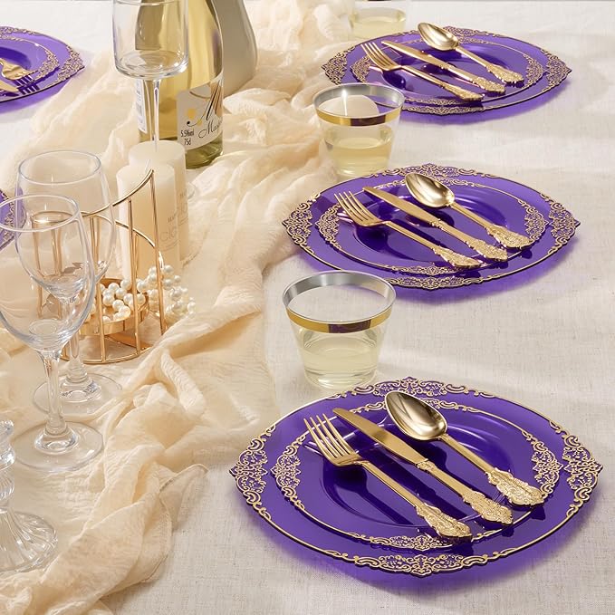 Goodluck 250 PCS Vintage Translucent Purple & Gold Rim Plastic Plates with Cutlery Set - Serves 50 - Heavy Duty Elegant Disposable Dinnerware for Sweet 16, Mardi Gras, Bridal Shower