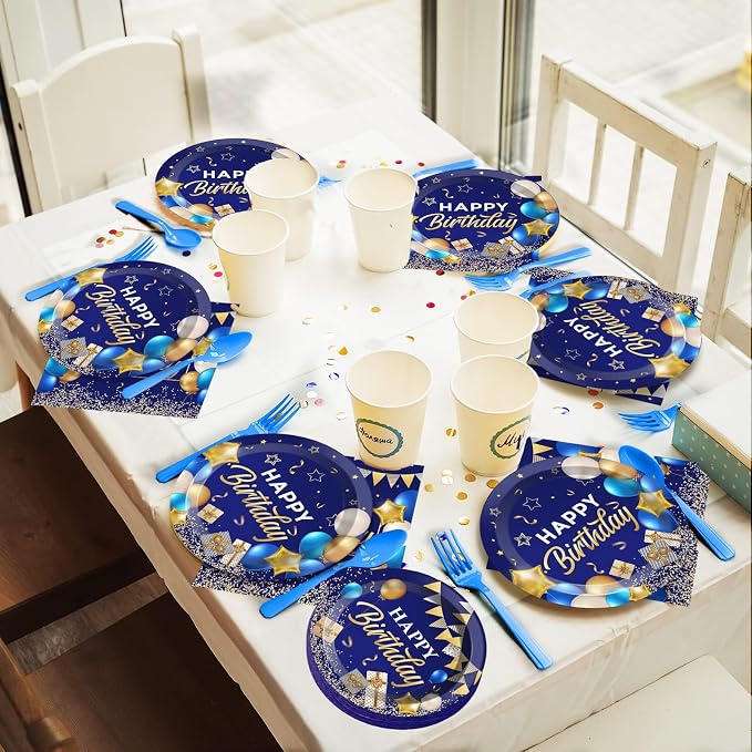 gisgfim 50 Guests Blue and Gold Birthday Plates and Napkins Party Supplies Navy Blue Party Tableware Set Blue Birthday Decorations Favors for Men Women Baby Shower 200 PCS