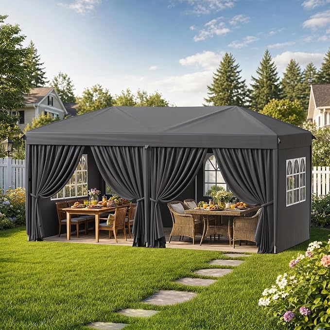 10x20 Pop Up Canopy with Sidewalls, Instant Tent with Carry Bag, Sandbags, Height Adjustable Waterproof Outdoor Canopy, Outdoor Canopy for Events, Camping, Parties (Grey)