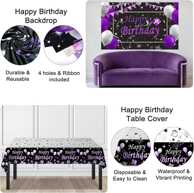 Black Purple Birthday Decorations for Women Girls Men, Purple and Silver Party Decorations Happy Birthday Banner Backdrop Confetti Silver Balloons Arch Hanging Swirls Party Supplies Tablecloth