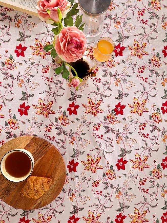 Hand Block Printed Tablecloth, Colorful Floral Print, Indian Artisan Handmade Art, Dining Room, Kitchen, Outdoor Décor, (Ruby Rose Charm, 8 Seater 72 x 108 Inches Rectangle)
