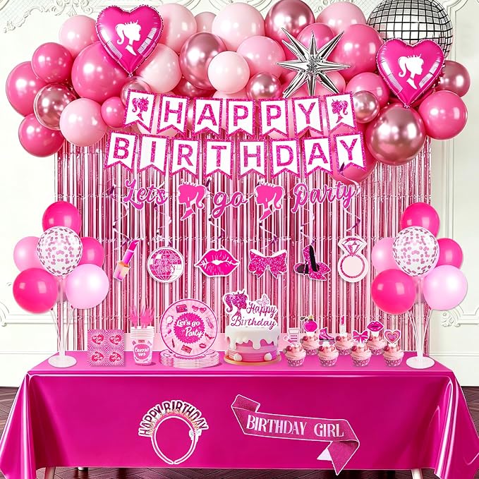 Hot Pink Birthday Party Decorations Supplies 187Pcs Serve 20 Guests, All In One Party Kit with Tableware, Decorations, Cake Topper, Photo Props for little Girls, Girls & Women Birthday Party