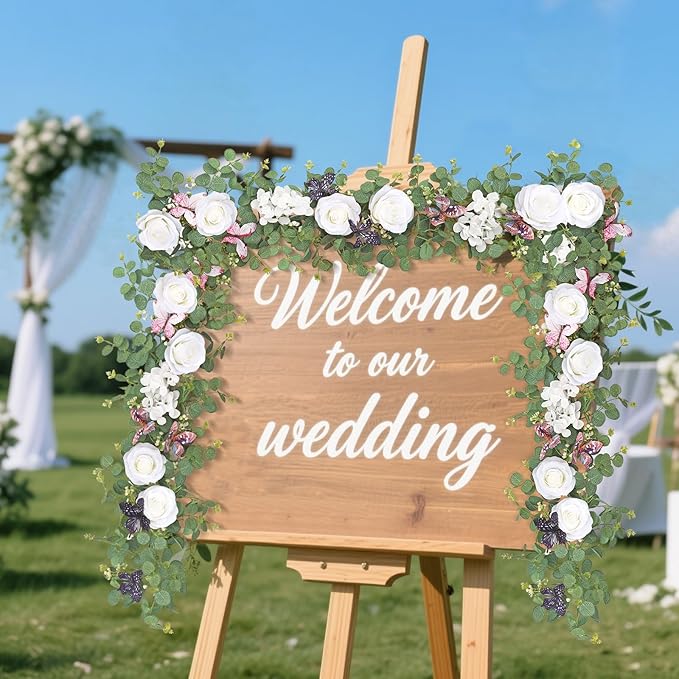 2Pcs 5.9 Ft Artificial Rose Vine Fake Flower Garland White Rose Hydrangea Vines with 3D Butterflies Hanging Floral Eucalyptus Garland for Wedding Party Background Arch Table Wall Home Decor