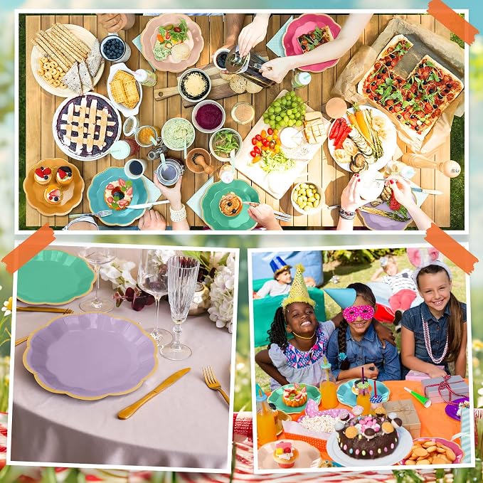 72 Pcs Candy Color Paper Plates 9 Inch Rainbow Colorful Scalloped Paper Disposable Dinner Dessert Plates for Birthday Wedding Bridal Party Supplies, 6 Colors