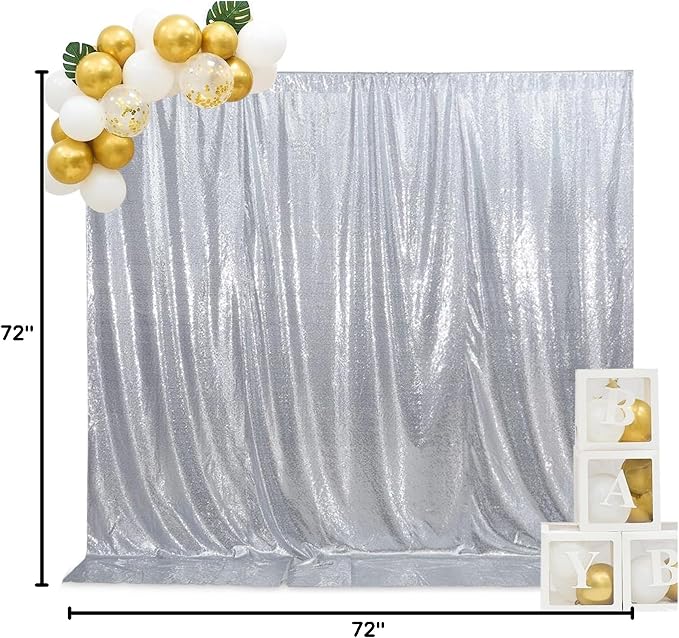 SquarePie 6x6ft Silver Sequin Backdrop for Photography, Satin-Backed Real Sequin Curtain, Enhanced Coverage Shimmering Background with 4" Rod Pocket for Wedding, Birthday, Party Decor, 1 Panel