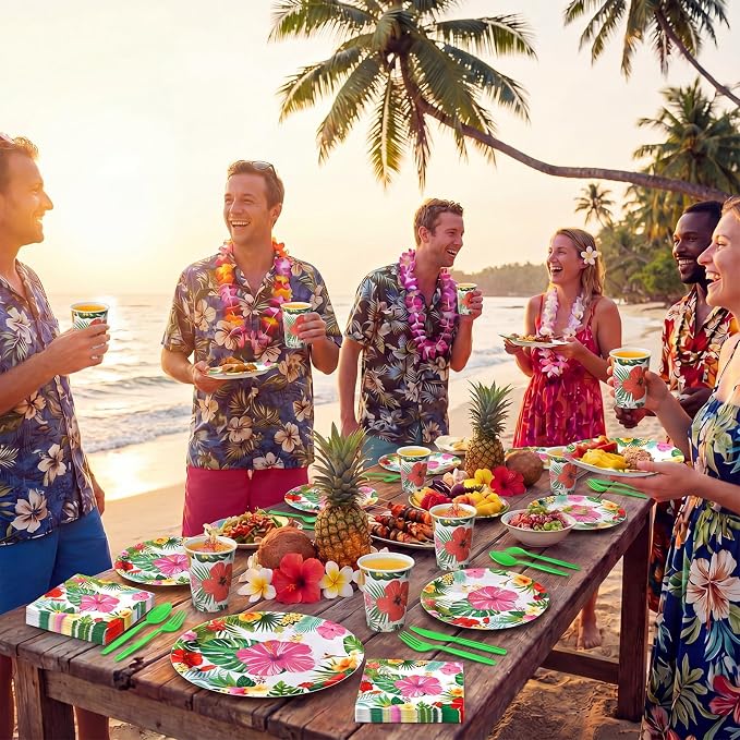 Pajean 350 Pcs Luau Tropical Party Supplies 12 in Disposable Hawaiian Luau Oval Plates and Napkins Palm Leaf Heavy Duty Paper Tableware Set for 50 Guests Summer BBQ Pool and Beach Party Decorations