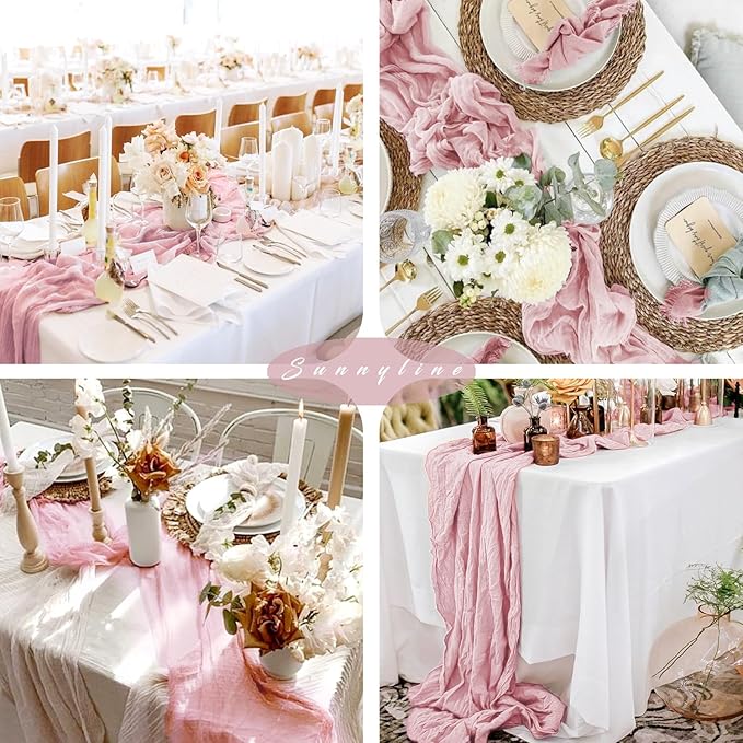 6 Pieces Light Pink Cheesecloth Table Runner 10FT Pink Runner for Tables Gauze Fabric Boho 35 x 120 Inches Long Table Runner Decoration Rustic Sheer Runner for Wedding Baby Birthday Party Light Pink
