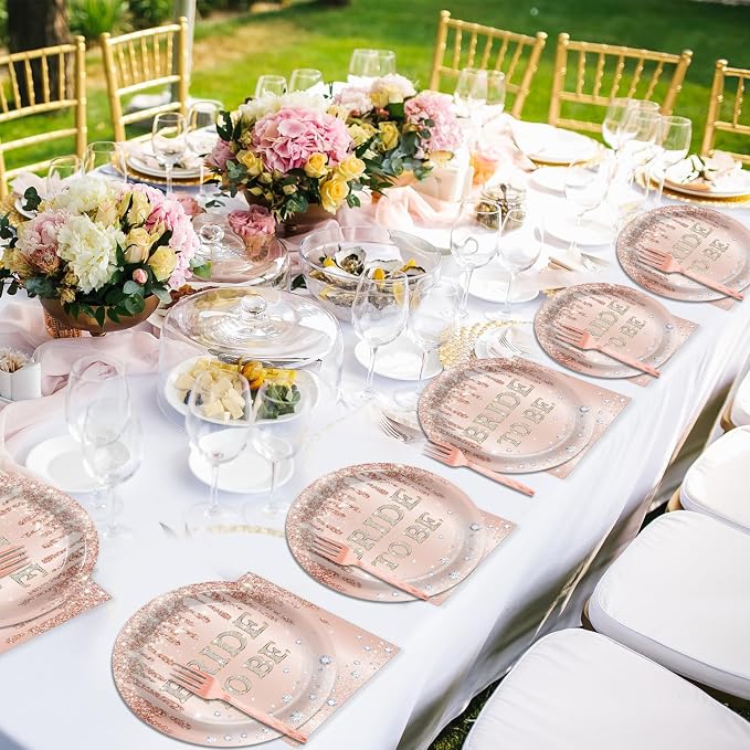 96Pcs Bridal Shower Party Decorations Rose Gold Themed Tableware Bride to Be Paper Plates Napkins Pink Bride to Be Dinnerware Party Supplies for Bachelorette Bridal Wedding Engagement Serves 24 Guests