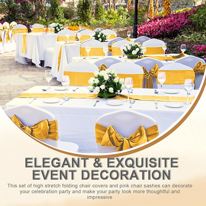 Lounsweer 50 Pcs Folding Chair Cover Set with 25 Stretch Spandex Slipcovers 25 Satin Chair Sashes Bows Ribbon Washable Banquet Protector for Wedding Event Party(White, Gold)