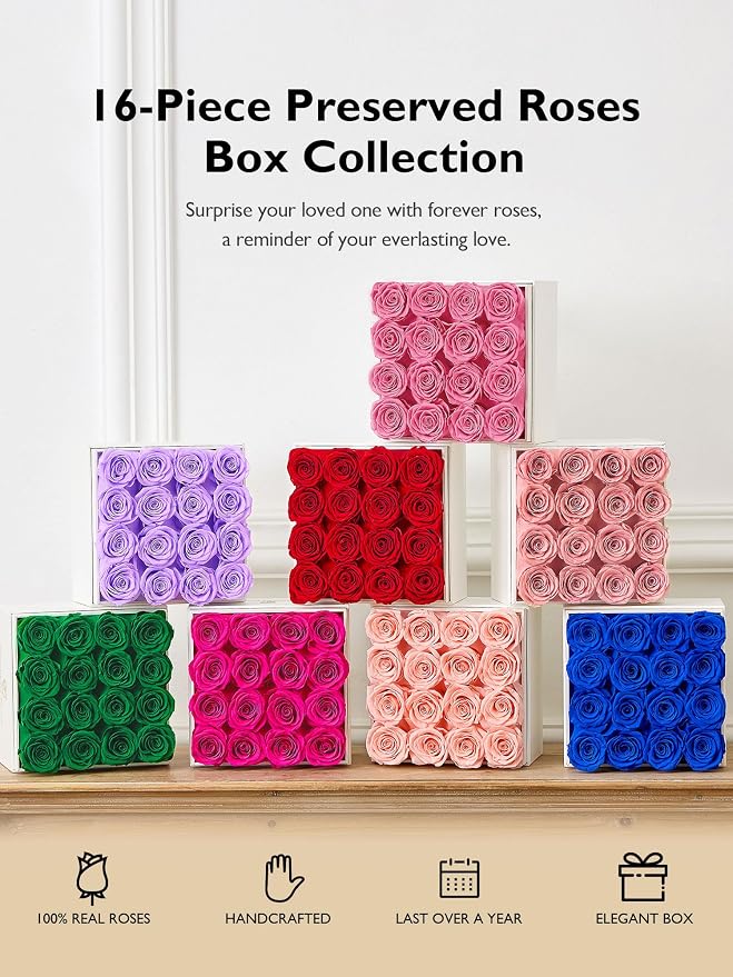 Eterfield Forever Flowers Preserved Roses Real Roses that Last Over a Year Rose Box Gifts for Her Mothers Day Valentines Day Christmas (Square White Box, 16 Pink Roses)