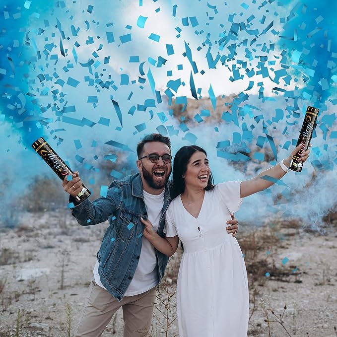 Gender Reveal Confetti Powder Cannon Biodegradable Baby Boy Blue Baby Girl Pink Gender Reveal Poppers - He or She What Will it Bee Baby Shower Baby Party Decorations Supplies Confetti Sticks (4 Blue)
