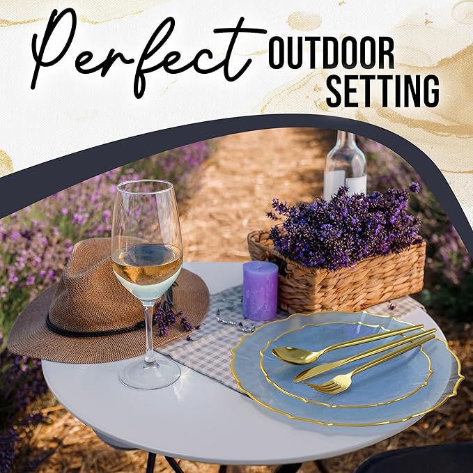 Exquisite Plastic Plates for Party 40 Piece Fancy Plastic Dinner Plates For 20 Guests 20 X 7.5 Dessert Plates & 20 X 10 Thin Delicate Disposable Dinnerware Charger Plate Spring Lake Gold Rim