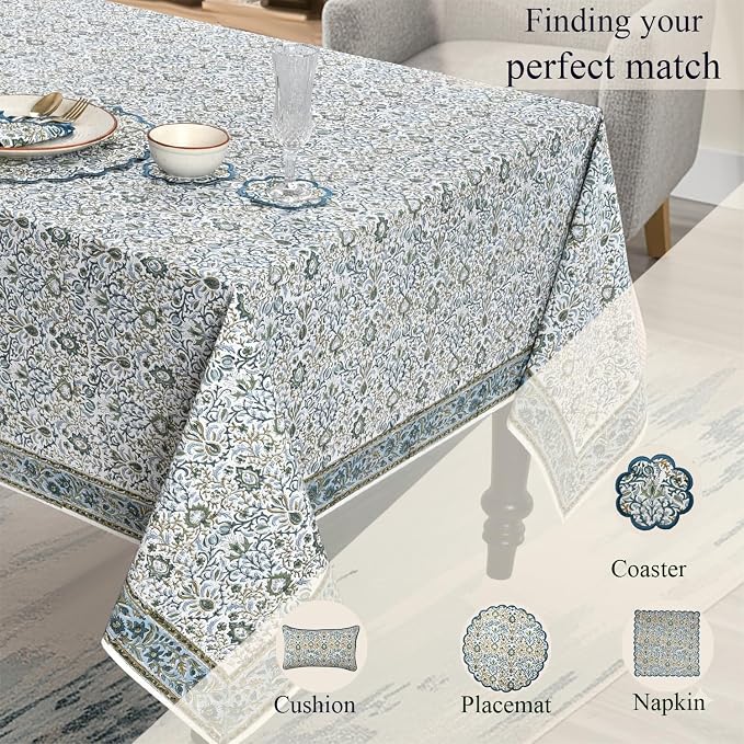 Ridhi Indigo Hand Block Print Cotton Rectangle Tablecloth 120" x 60" inches Reusable Table Cover Decorative Everyday Use for Dining Room, Farmhouse, Home Gift for Spring, Mother's Day