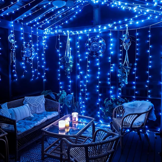 QITONG 2 Pack Battery Operated String Lights, Each 33ft 100 LED Blue Christmas Lights Outdoor Waterproof, 8 Modes Clear Wire Twinkle Fairy Lights Indoor with Remote