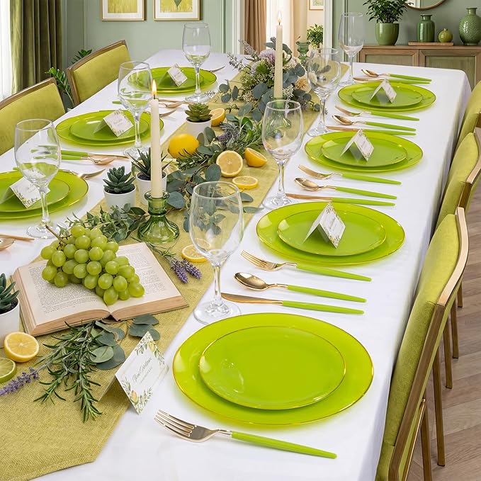 DaYammi 150Pcs Lime Green Plastic Plates & Gold Cutlery with Green Handle,green Disposable Plates with Gold Rim Include 30 Dinner Plate,30 Dessert Plate,30 Knives,30 Forks,30 Spoons for Party Dinner