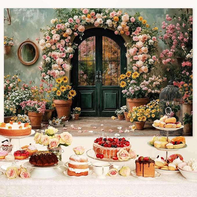 6X4ft Flower Backdrop Coloful Floral Arch Retro Door Photography Backdrops Modern Interior Rustic Style Wall Decoration Wedding Portrait Background Studio Photo Booth Props