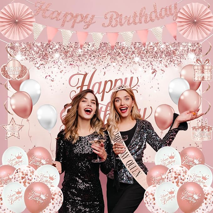 Trgowaul Birthday Decorations Party Set for Women Girls, Rose Gold Happy Birthday Banner, Sash and Tiara, Pink Balloons, Pink Party Supplies Ideas Decor for Her