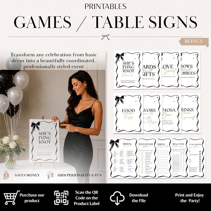 325 Pc Black Bow Bridal Shower Decorations Set - She’s Tying the Knot Bridal Shower Decorations with Black Bow Balloons, Backdrop, Bride to Be Banner - Elegant Bachelorette Party Decor Kit