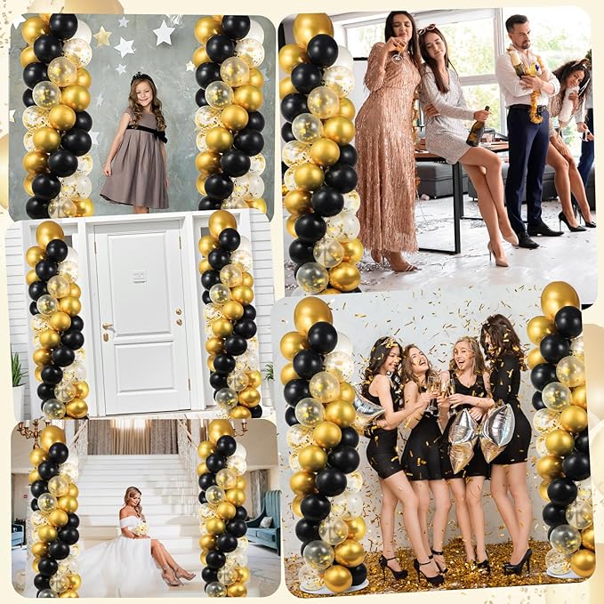 2 Set Black and Gold Balloons Column Stand Kit with 100 Balloons Adjustable Balloon Stand with Bases for Floor Black Gold Confetti Balloon Column Kit for Bridal Shower Valentine Birthday Party Decor