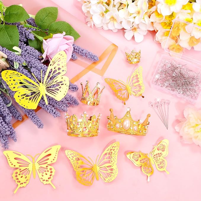 cridoz 164Pcs Flower Bouquet Accessories, 16Pcs Crowns for Flower Bouquets with 48Pcs Gold Butterfly Decorations and 100Pcs Diamond Pins for Flower Arrangements, Cake Topper Decor