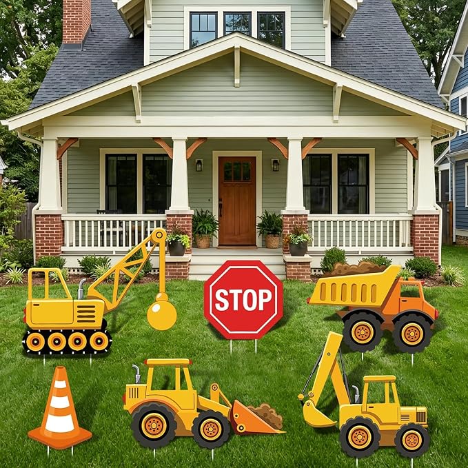 6 Pcs Large Construction Party Decorations, Truck Themed Cardboard Cutouts Standup, Excavator Traffic Cone Stop Yard Sign for Construction Birthday Baby Shower Indoor Outdoor Photo Prop