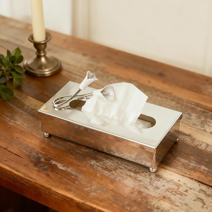 Silver Tissue Box Cover Rectangle,Guest Towel Holder Tray for Bathroom – Napkin Organizer for Disposable Paper Towels, Elegant Hand Towel Box for Powder Room,Luxurious Napkin Box for Dressing Room