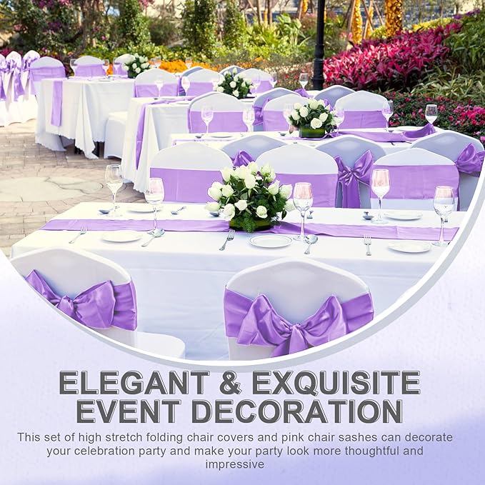 Lounsweer 50 Pcs Folding Chair Cover Set with 25 Stretch Spandex Slipcovers 25 Satin Chair Sashes Bows Ribbon Washable Banquet Protector for Wedding Event Party(White, Lavender)