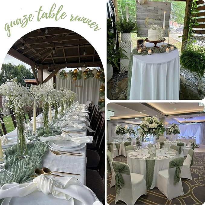 18 Pack Sage Green Cheesecloth Table Runner 21.5x120 Inch, Semi Sheer Boho Gauze Cheese Cloth Fabric Table Runners 10 FT Long for Wedding Party Baby Shower Birthday Home Decor