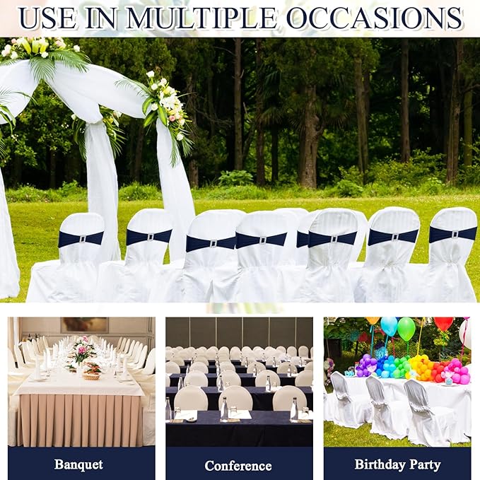 VitalCozy 100 Pcs Spandex Chair Sashes with Square Buckle Slider Stretch Chair Cover Band Universal Elastic Ties Straps Bows for Wedding Banquet Event Party Decoration(Navy Blue)