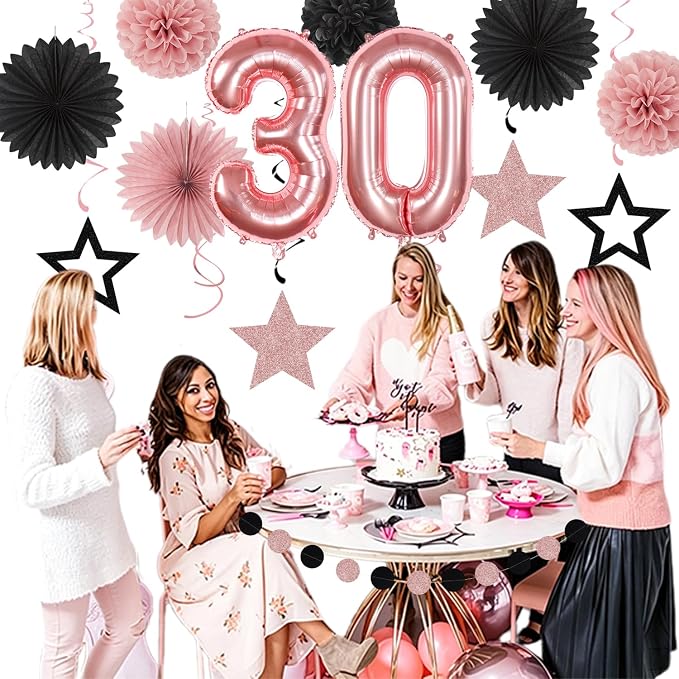 Rose-Gold Pink Black Women 30th Happy Birthday Party Decorations Hugmoon | 21pcs Kit 30th Balloon,Cute Girl Banner,Streamers,Tissue Paper Pom Poms Flowers Fans,Birthday Garlands Decor Backdrop