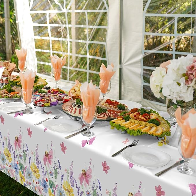 Kochorie Spring Flower Tablecloth Roll with Cutting Box 54 Inch x 100 Feet Butterfly Wildflower Plastic Disposable Tablecloth Picnic Themed Backdrop Tea Party Supplies for Holiday Weeding Birthday