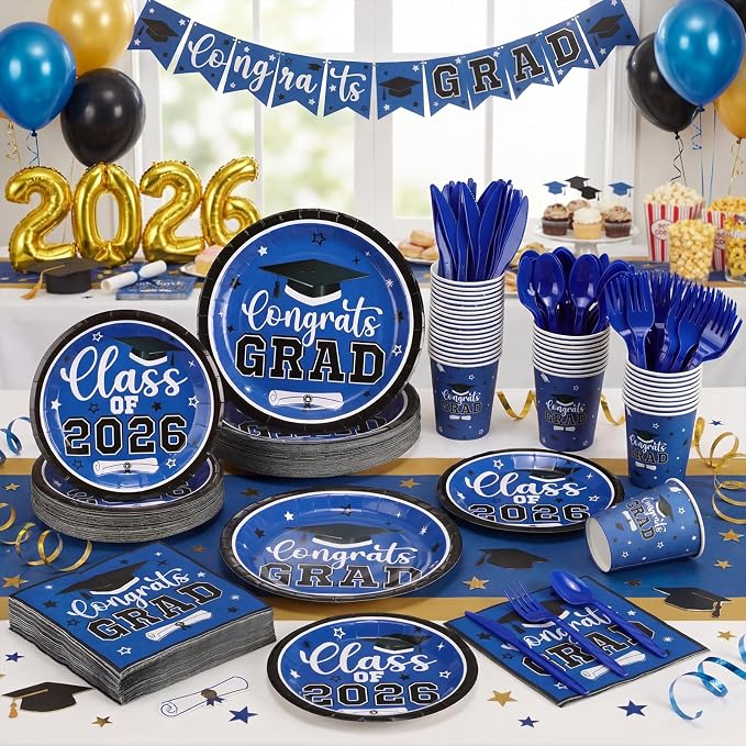 Funnymoom 400 Pcs Graduation Party Supplies Class of 2026 Graduation Paper Plate Napkin Cup Cutlery Congrats Grad Disposable Tableware Set for Grad Party Decorations, Serve 50 (Blue, White)