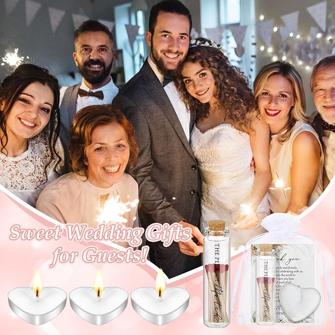 50 Sets Wedding Party Favors for Guests Bulk Including Heart Shaped Candles and Empty Matches Jars with Cork Top Thank You Cards and Organza Bags for Wedding Bridal Shower Party (Boho Flower)