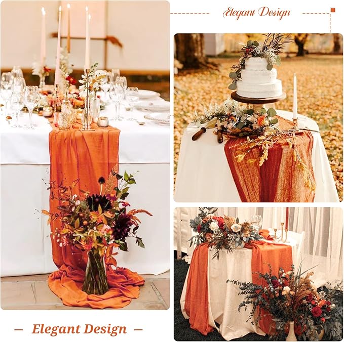 10 Pack Fall Halloween Table Runner 10FT Orange Cheesecloth Table Runner 35 x 120 Inch Long Semi-Sheer Gauze Fabric Boho or Rustic Wedding Table Decor for Bridal Shower Baby Shower Holiday Party