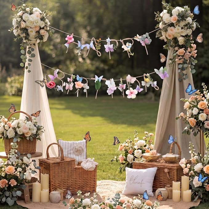 Norme 2 Pcs Butterfly Birthday Banner Decorations for Women Metal 3D Butterfly Wildflower Happy Birthday Garland Garden Spring Tea Fairy First Party Decorations for Sweet 16 21st 13th 18th 30th 40th