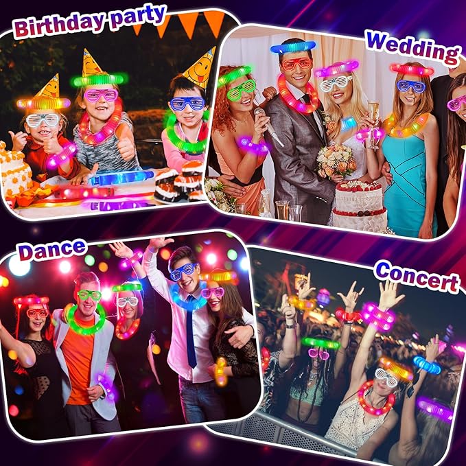 Glow in the Dark Party Favor Supplies for Kids 24 PCS, Glow Sticks & Neon Glasses for Toddler, LED Light Up 4th of July Toy Bracelet Necklace Accessories Decor for 250th Anniversary Camping Wedding