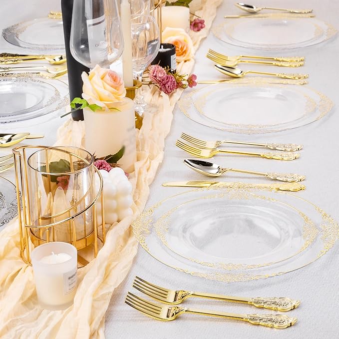 Bestluck 200 PCS Clear and Gold Plastic Plates for 100 Guests, Elegant Clear Disposable Plates with Gold Trim, Include 100 PCS Dinner Plates, 100 PCS Dessert Plates for Party, Birthday and Graduation