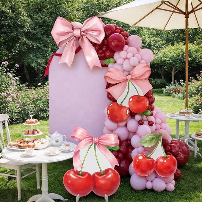 4 Pcs Cherry on Top Baby Shower Decorations, Large Pink Bow Cardboard Cutouts, Sweet Cherry Birthday Decorations Standups for Photo Booth Props & Birthday Party Decor