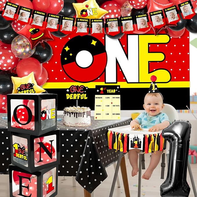 Mouse 1st Birthday Decorations for Baby - 1st Mouse Theme Party Supplies for Baby Shower Decoration Include Birthday Hat Cake Topper Backdrop Tablecloth Photo Banner Arch Balloon Boxes Poster