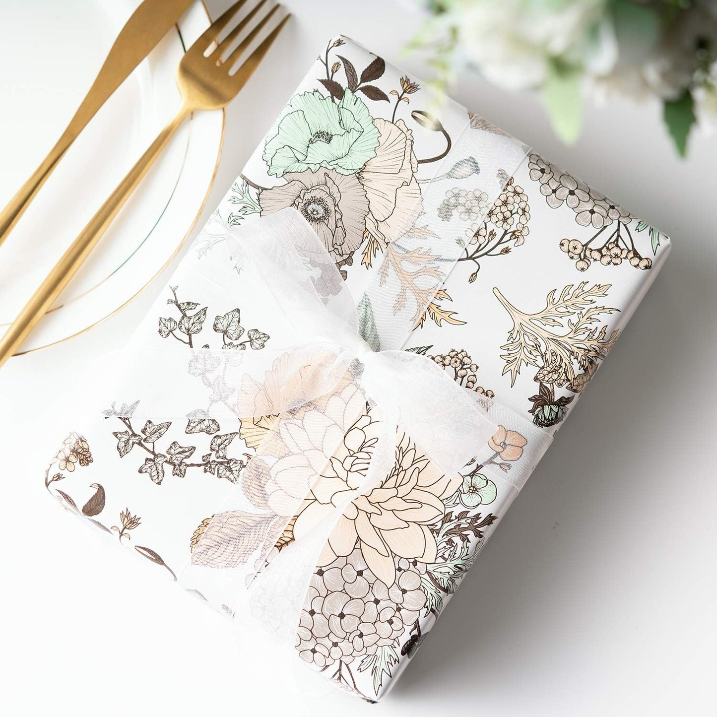 WRAPAHOLIC 30 Inch Jumbo Floral Wrapping Paper - 30 Inch X 33 Feet - Vintage Floral Printed on White Pearlized Paper Design for Wedding, Birthday, Mother's Day