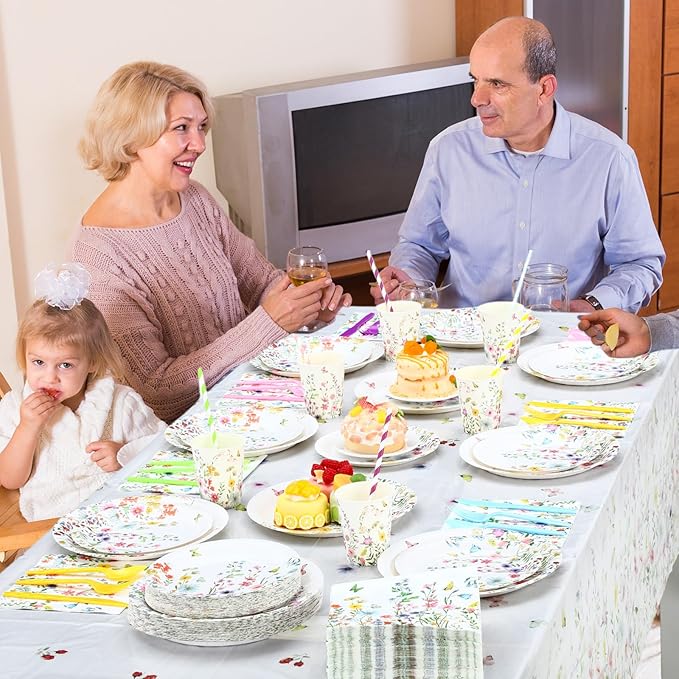 Funnymoom 452 Pcs Wildflower Party Supplies Include Spring Floral Disposable Paper Plates Napkins Cups Tablecloth and Cutlery Straws for Wedding Garden Tea Party Decoration Bridal Shower Baby Shower