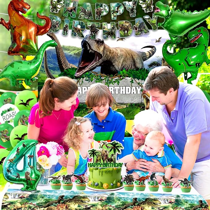 Dinosaur Birthday Decorations, Dino Birthday Party Supplies&Decorations 4 Year Old,Dinosaur Theme Party Decoration Set Include Banner Tablecloth Balloons Cake Toppers Plate Napkin for Kids Party