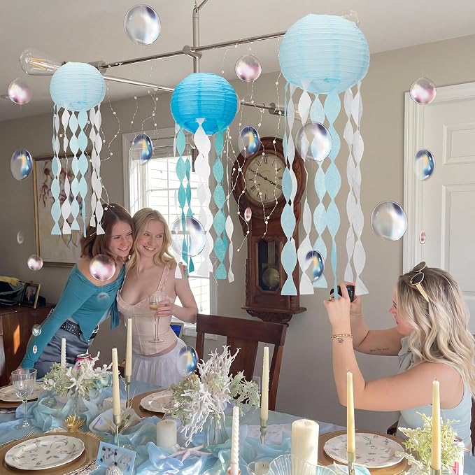VioraWhite 21 Pcs Ocean Beach Birthday Party Decorations 6 Pcs 9.8'' Hanging Jellyfish Paper Lanterns 12 Resin Shell 2 Bubble Garlands for Nautical Under The Sea Mermaid Baby Shower Birthday Decor