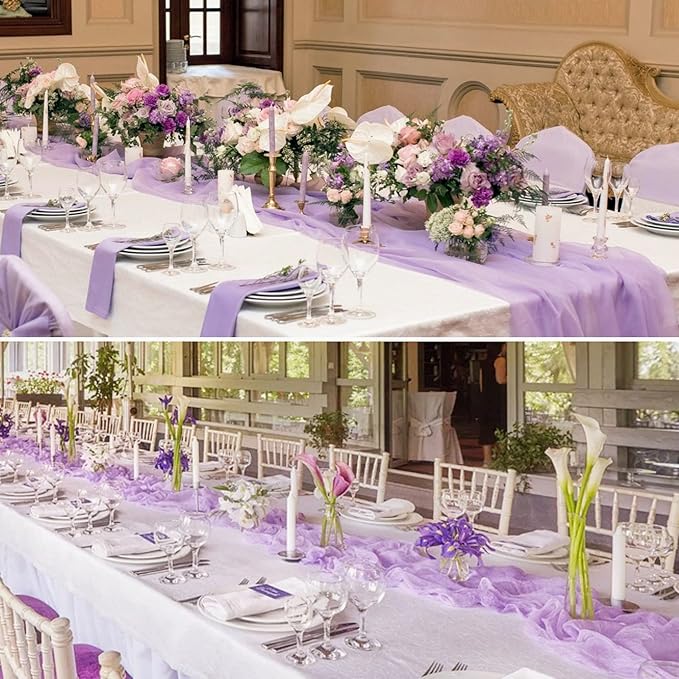 15 Pack Cheesecloth Table Runner 10Ft Cheese Cloth Table Runner 35 x120Inch Boho Gauze Table Runners Romantic Table Cloth for Wedding Birthday Party Engagement Baby Bridal Shower Table Decor(Lavender)