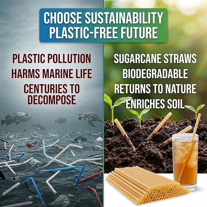Sugarcane Straws - 100PCS Straws Disposable Biodegradable Compostable Long Sugar Cane Drinking Straws for Coffee, Juice, Milk, Smoothie, Cocktail, Party